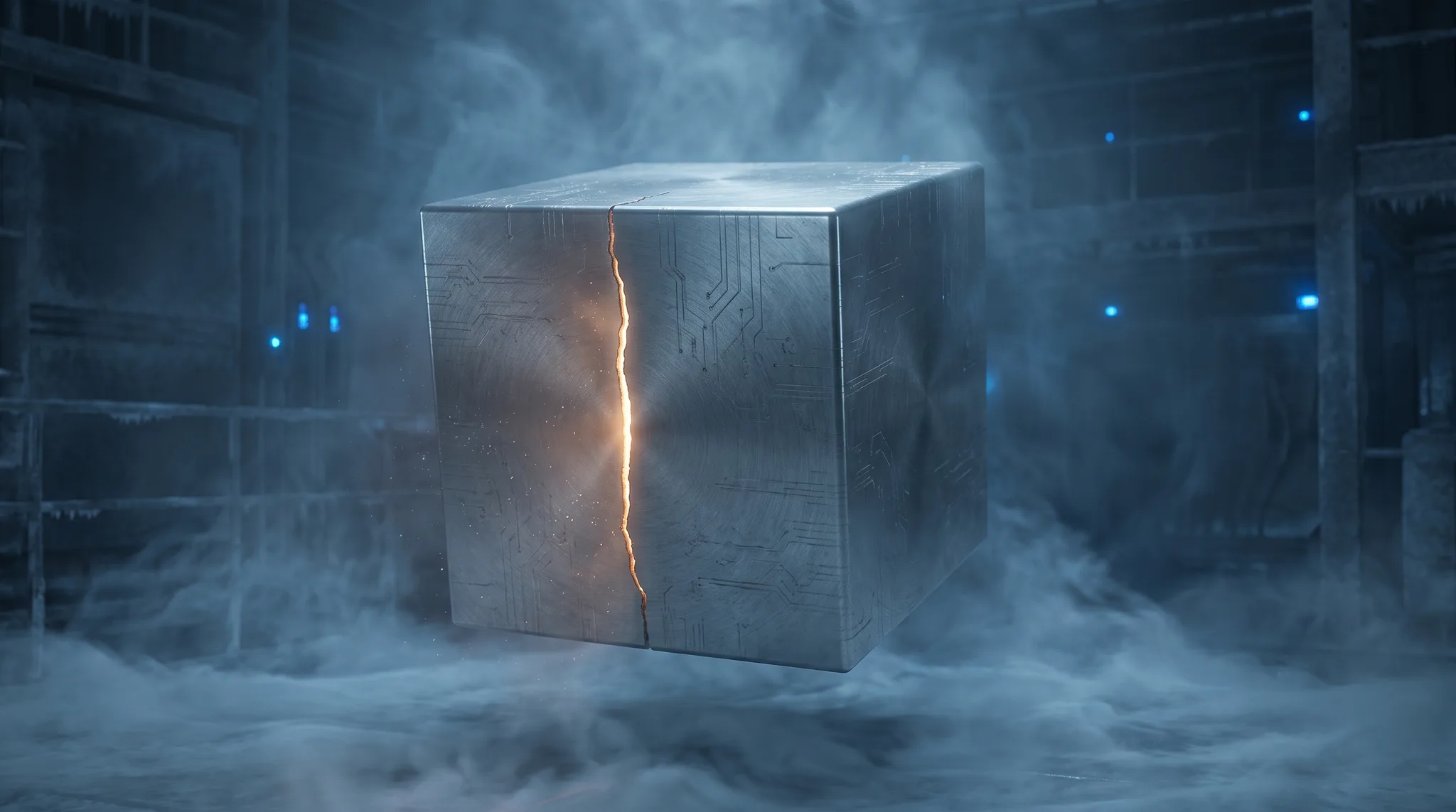 A monolithic brushed-graphite cube floating in cold fog, one hairline seam glowing amber